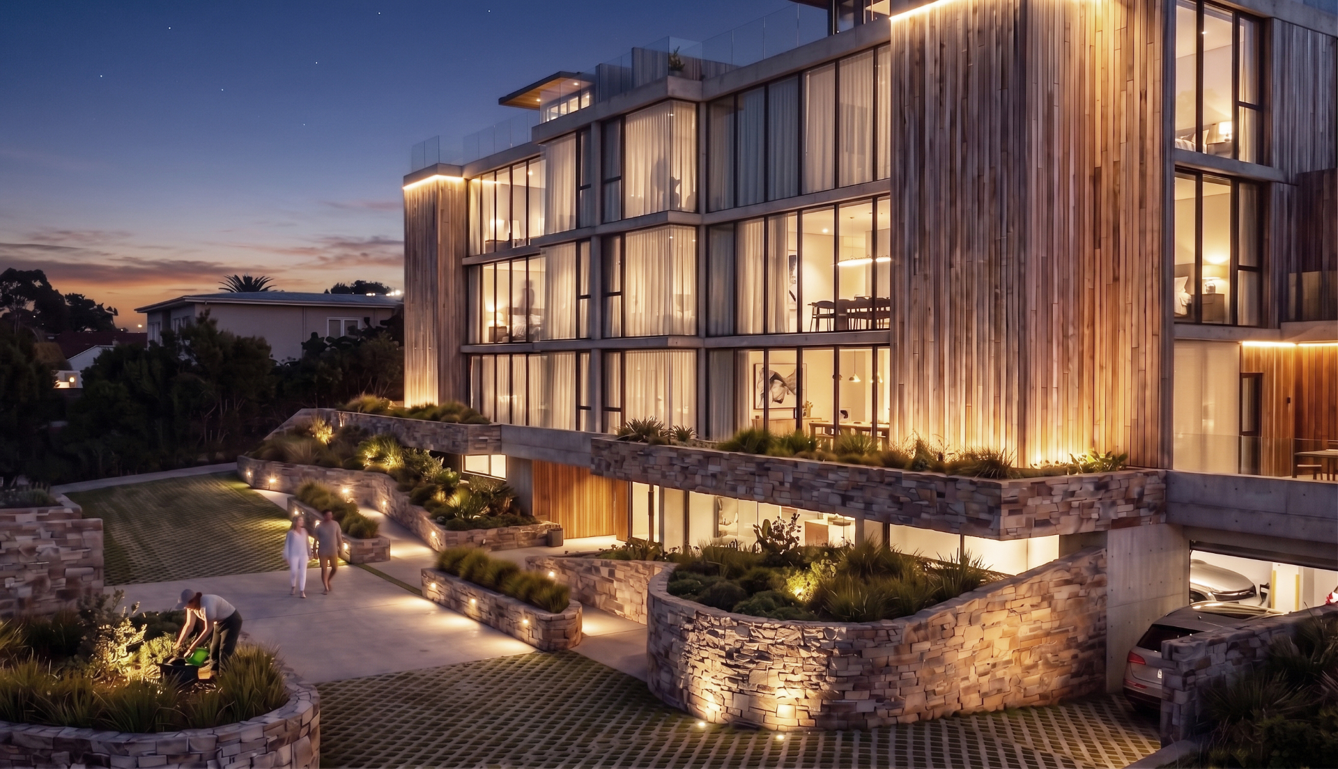 El Delfín — atardecer con iluminación arquitectónica